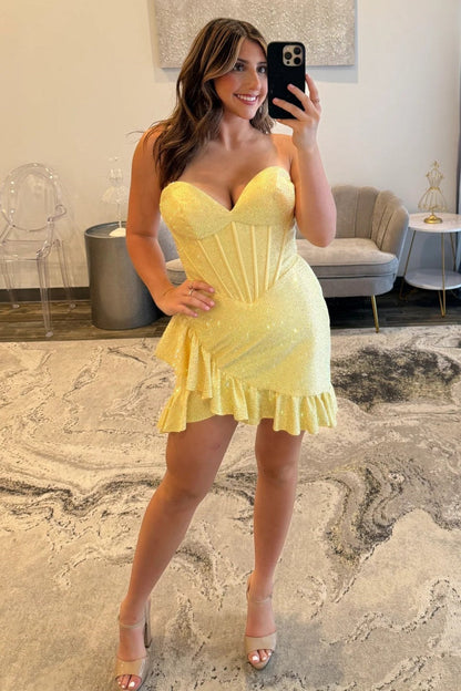 Sparkling Short Tight Homecoming Dress with Ruffle Hem and Sweetheart Neckline