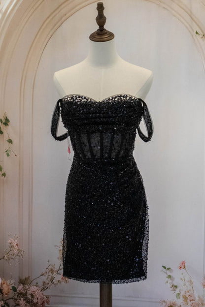 Sparkly Black Straps Short Tight Homecoming Dress with Sequin
