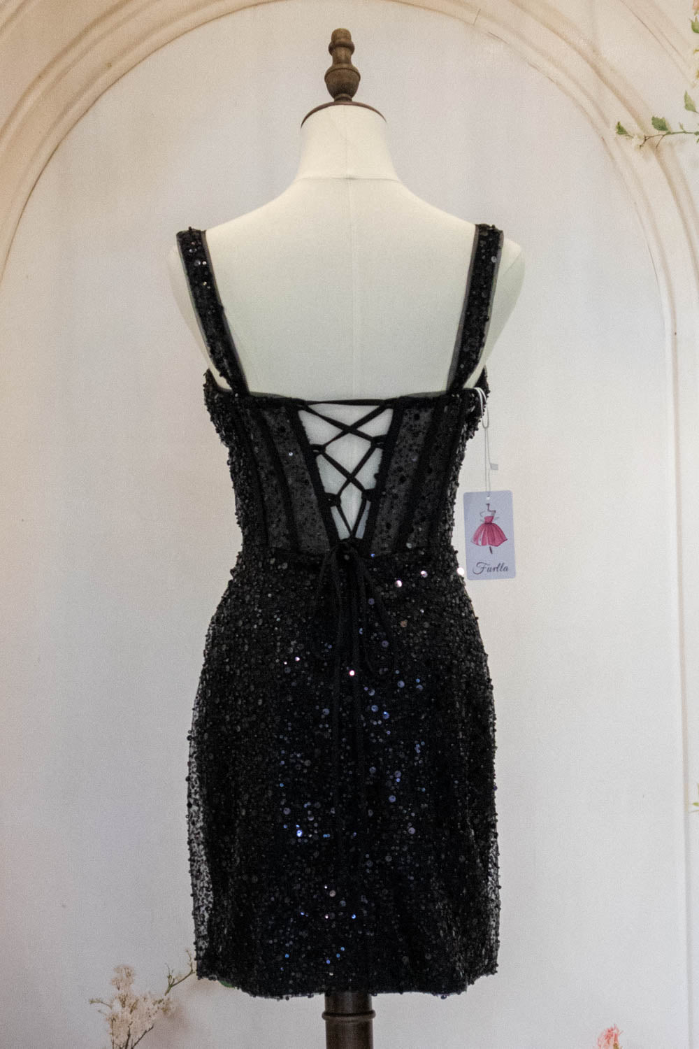 Sparkly Black Straps Short Tight Homecoming Dress with Sequin
