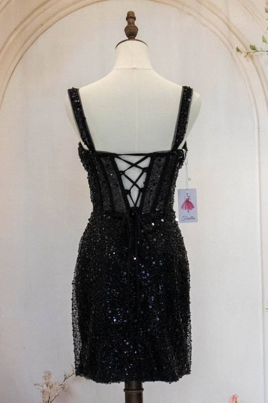 Sparkly Black Straps Short Tight Homecoming Dress with Sequin