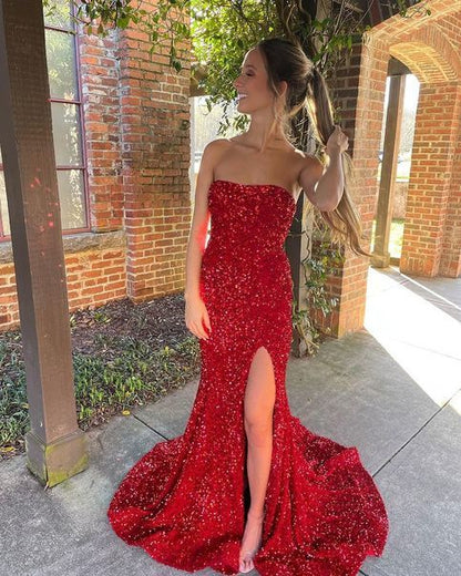Sparkly Red Sequins Evening Dress Mermaid Strapless