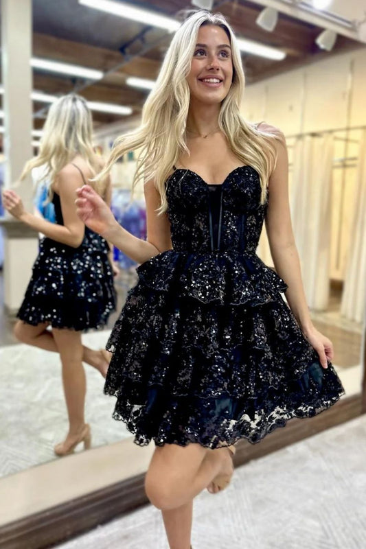 Sparkly Stunning A-Line Spaghetti Strap Short Homecoming Dress with Appliques Details