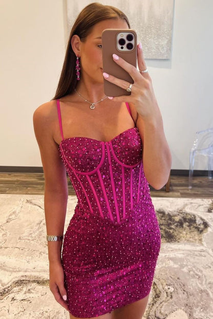 Sparkly Bodycon Homecoming Dress with Spaghetti Straps and Beaded Details