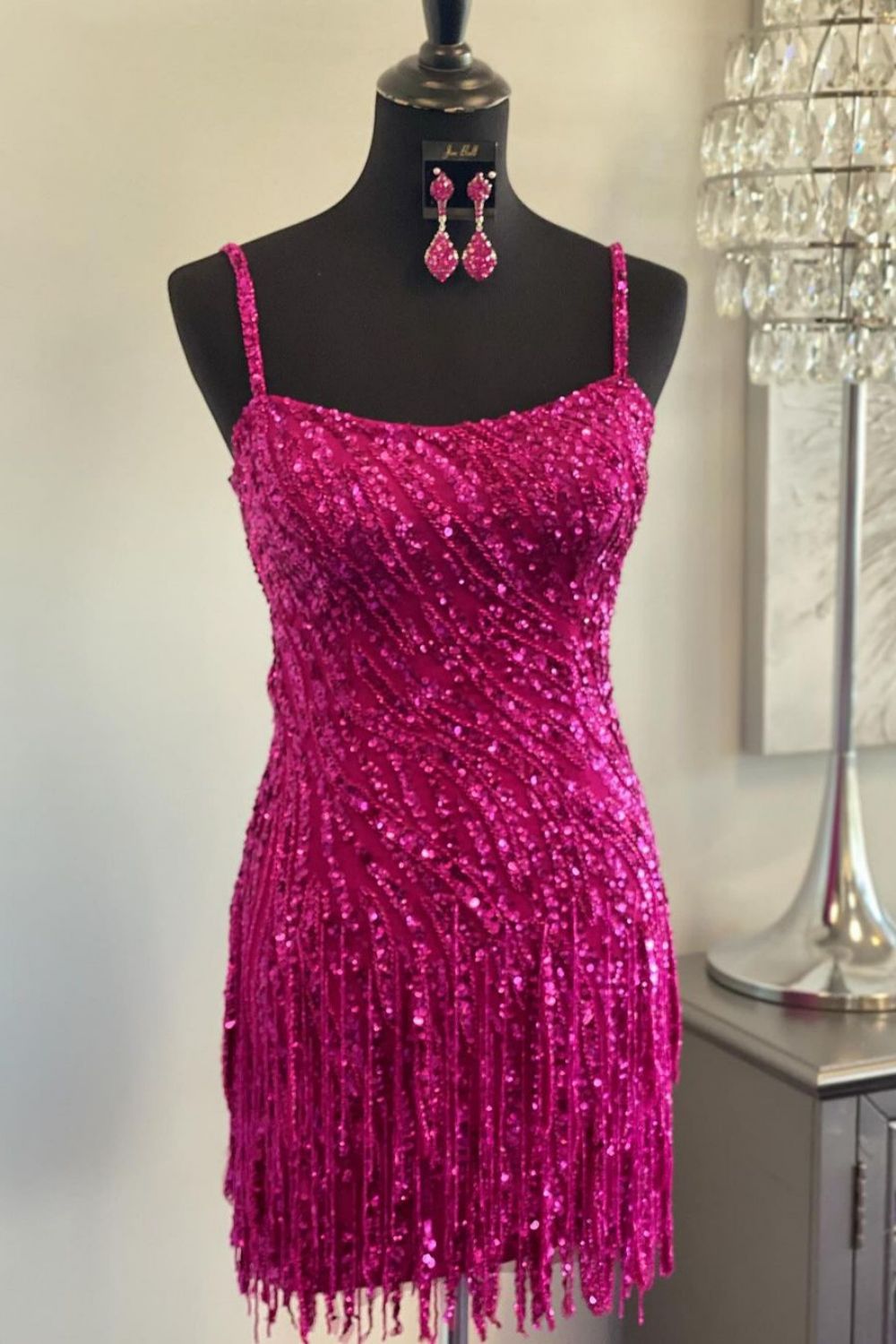 Sparkly Sequin Homecoming Dress with Spaghetti Straps and Fringe Hem