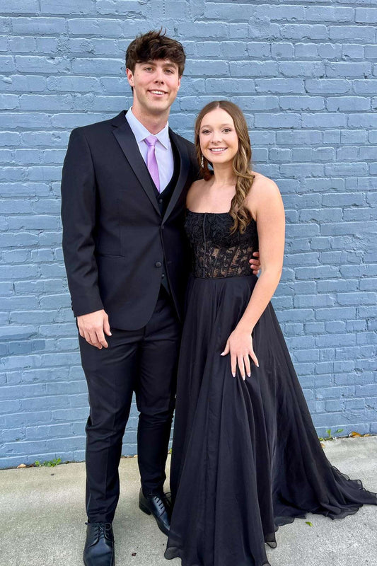 Strapless Black Appliques A-line Long Dress Chiffon Formal Dresses