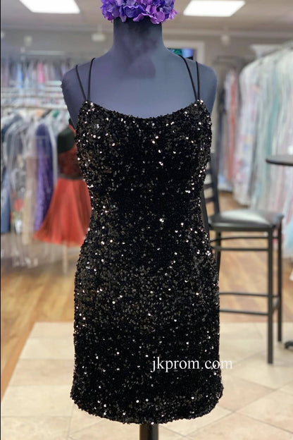 Double Straps Black Sequin Bodycon Mini Homecoming Dress,Night Dress Party Short
