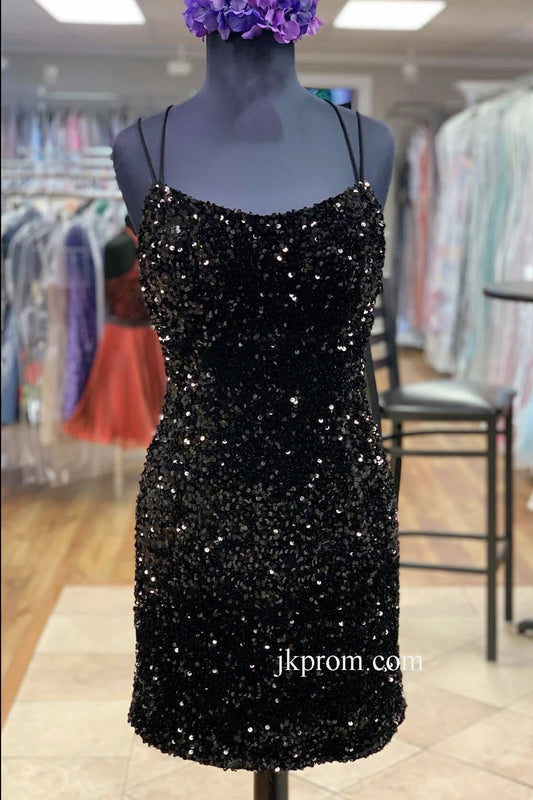 Double Straps Black Sequin Bodycon Mini Homecoming Dress,Night Dress Party Short