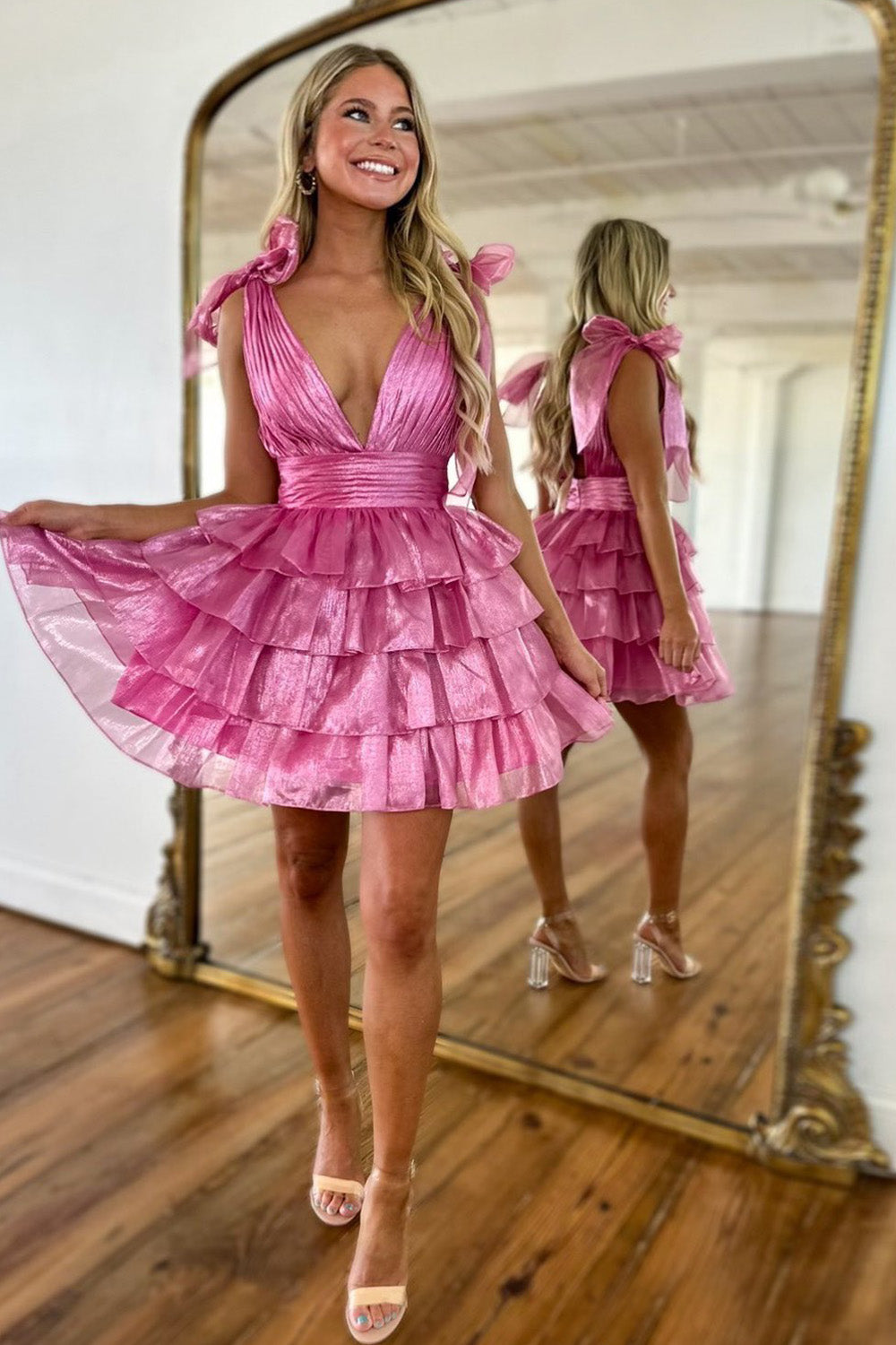 Stunning A-Line Silhouette with Deep V-Neck and Tiered Satin Skirt Homecoming Dress