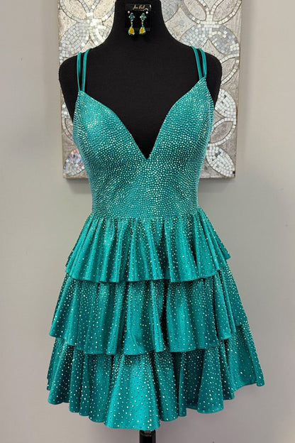 Stunning A-Line Double Spaghetti Straps Lace Up Layered Beaded Homecoming Dress