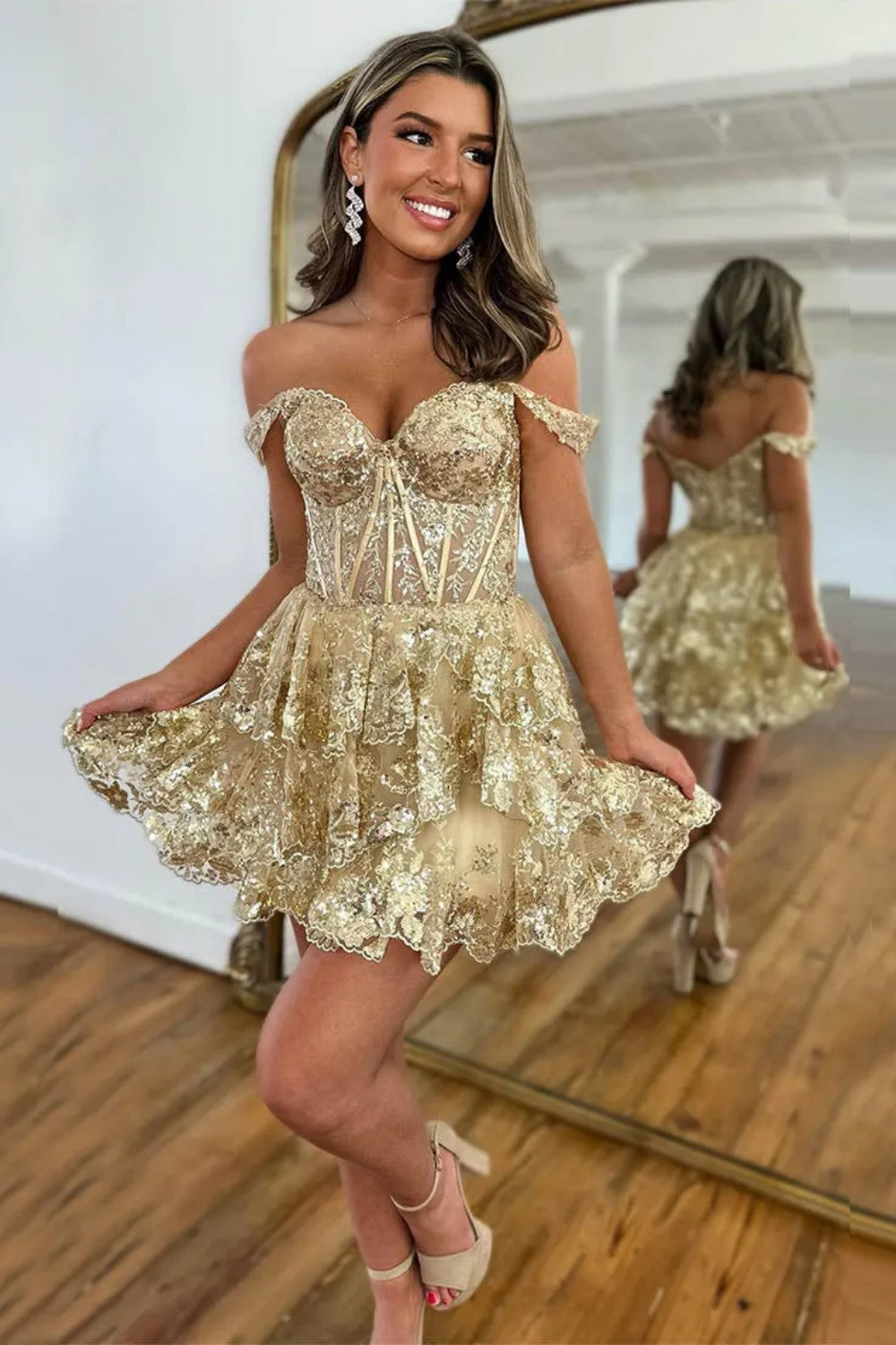 Stunning Off-Shoulder Sequin Lace Homecoming Dress with Corset Bodice and Tiered Skirt