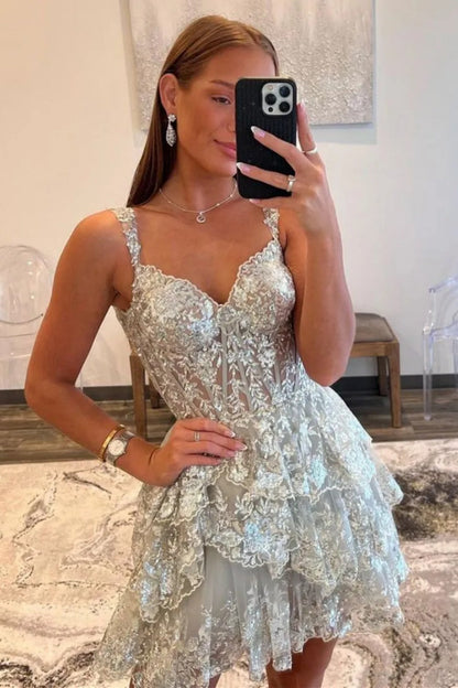Stunning Off-Shoulder Sequin Lace Homecoming Dress with Corset Bodice and Tiered Skirt