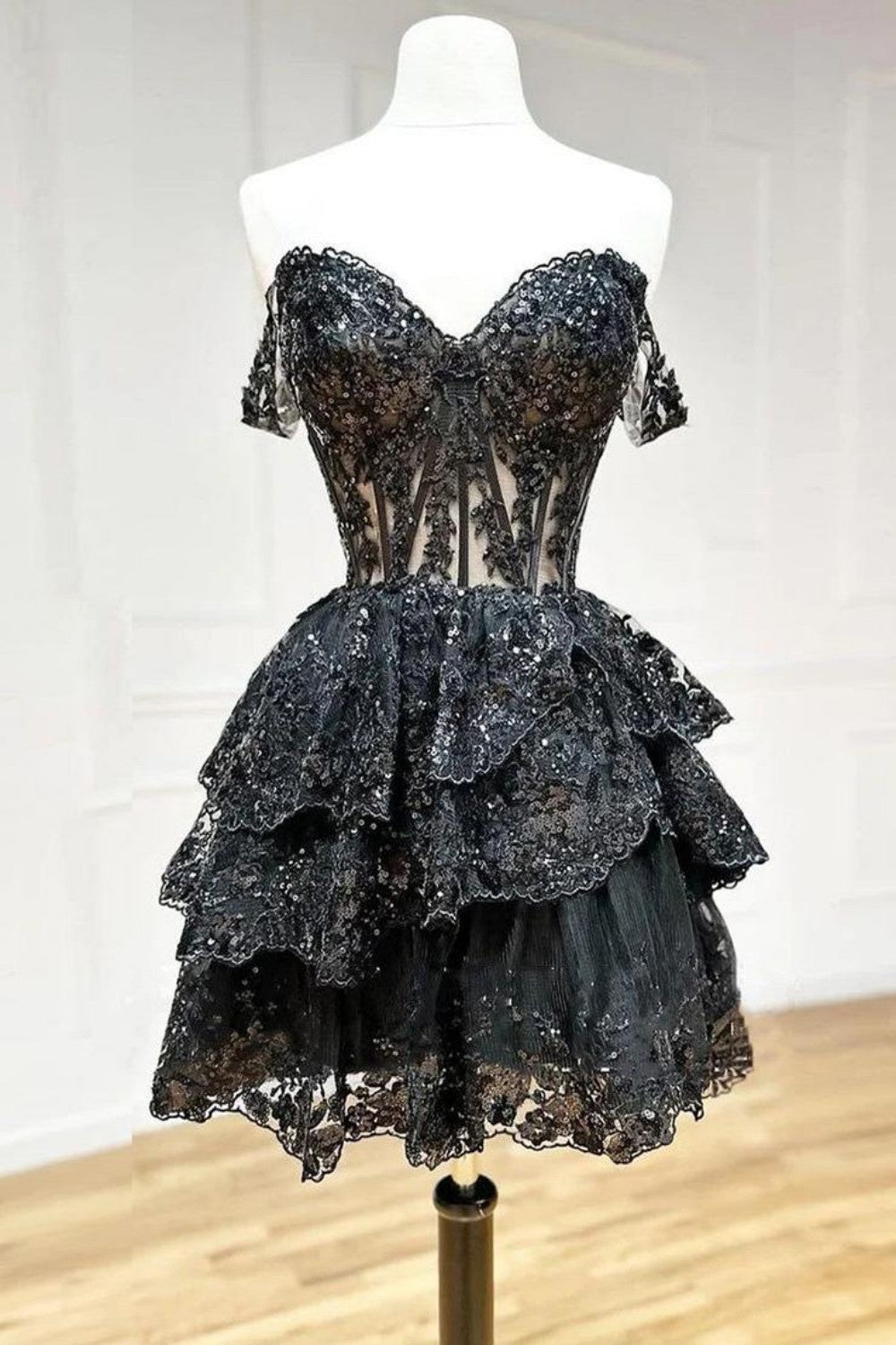 Stunning Off-Shoulder Sequin Lace Homecoming Dress with Corset Bodice and Tiered Skirt