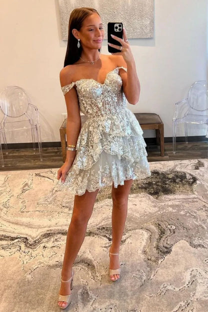 Stunning Off-Shoulder Sequin Lace Homecoming Dress with Corset Bodice and Tiered Skirt