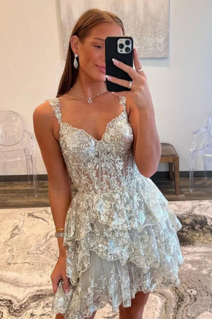 Stunning Off-Shoulder Sequin Lace Homecoming Dress with Corset Bodice and Tiered Skirt