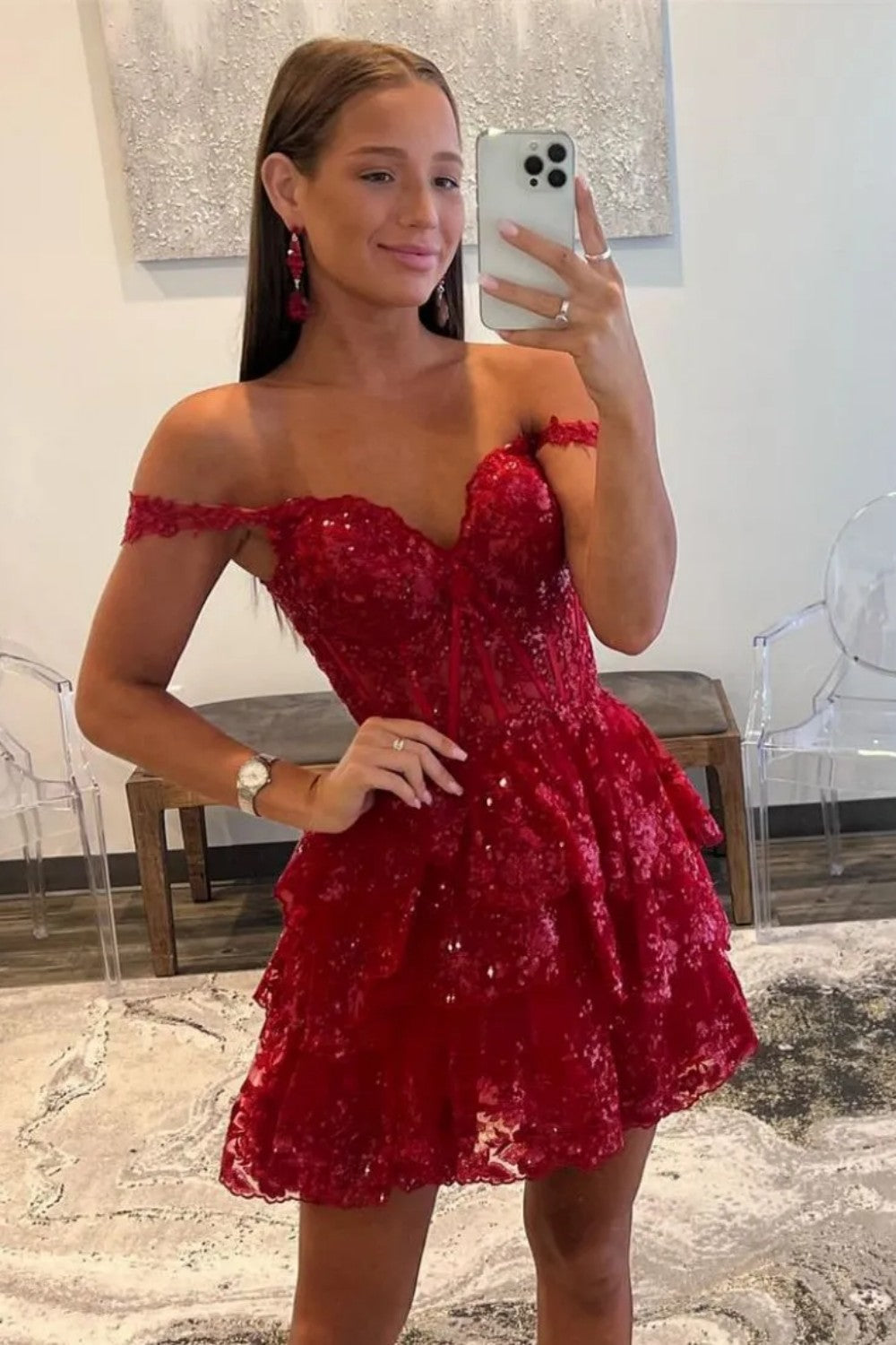 Stunning Off-Shoulder Sequin Lace Homecoming Dress with Corset Bodice and Tiered Skirt
