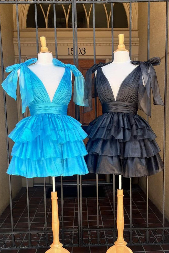 Stunning A-Line Silhouette with Deep V-Neck and Tiered Satin Skirt Homecoming Dress
