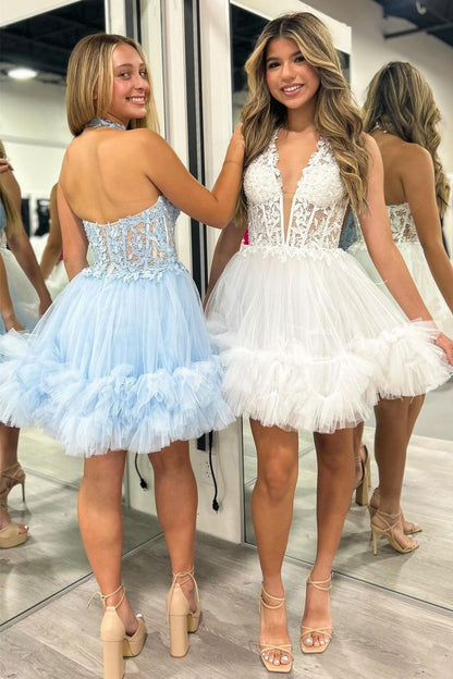 Stunning A-Line Halter Neck Lace Top Short Tulle Dress Homecoming Dress