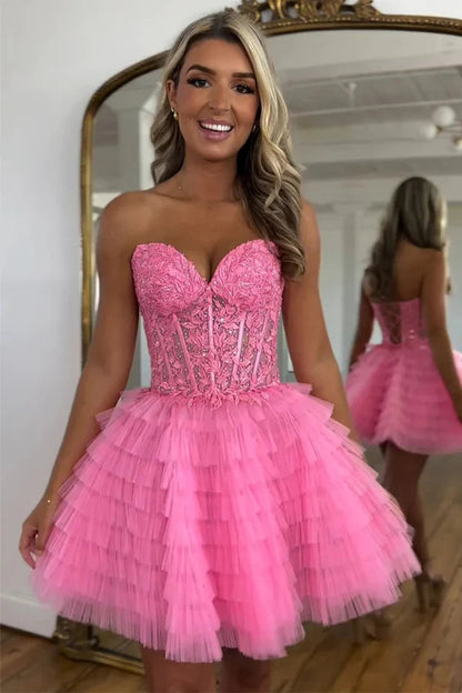 Stunning A-Line Short Tulle Dress with Sweetheart Neckline and Lace Up Back Homecoming Dress