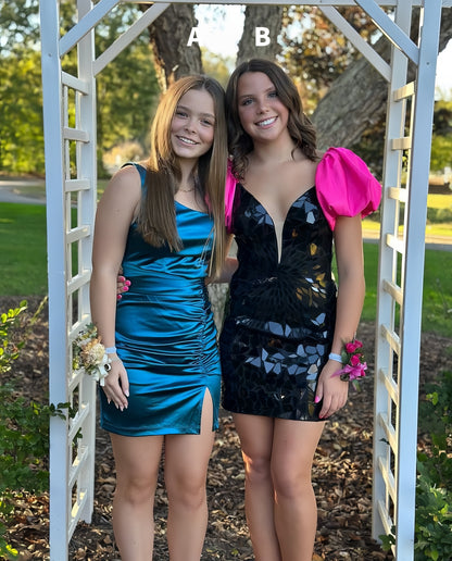 Style B, Black Mirror Sequined Tight Homecoming With Fuchsia Bubble Sleeves, AST1472