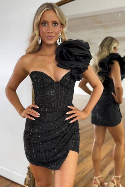 Black  3D Flower One Shoulder Bodycon Homecoming Dress with Beaded Details and Floral Accent