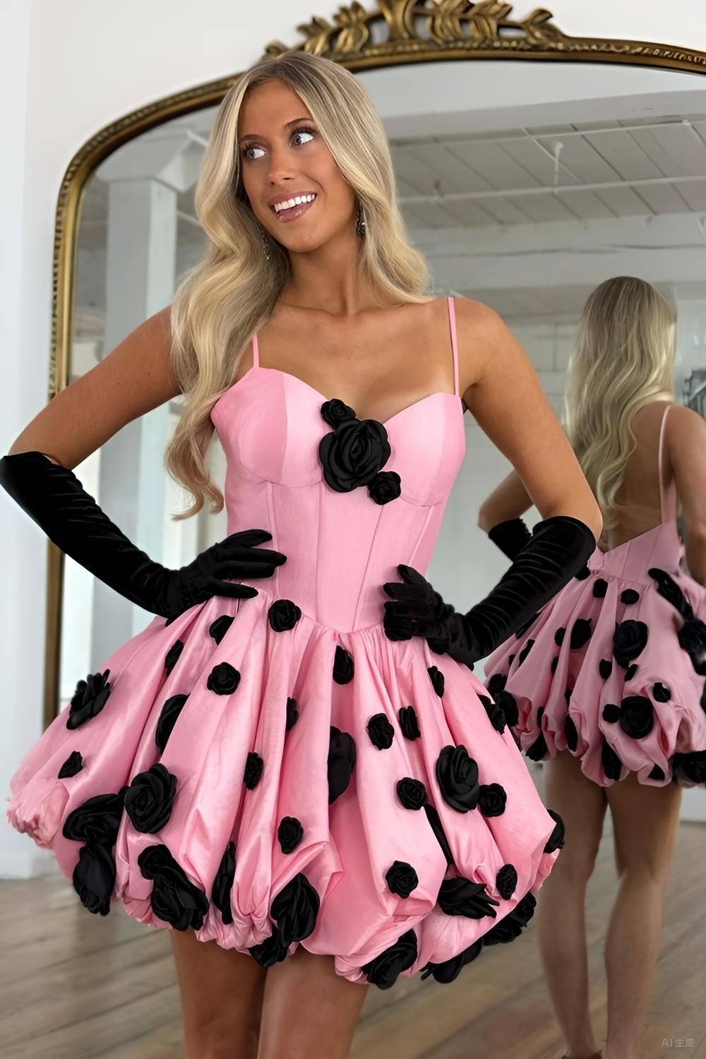 Sweetheart Pink A-Line Spaghetti Straps Homecoming Dress with Black 3D Flowers