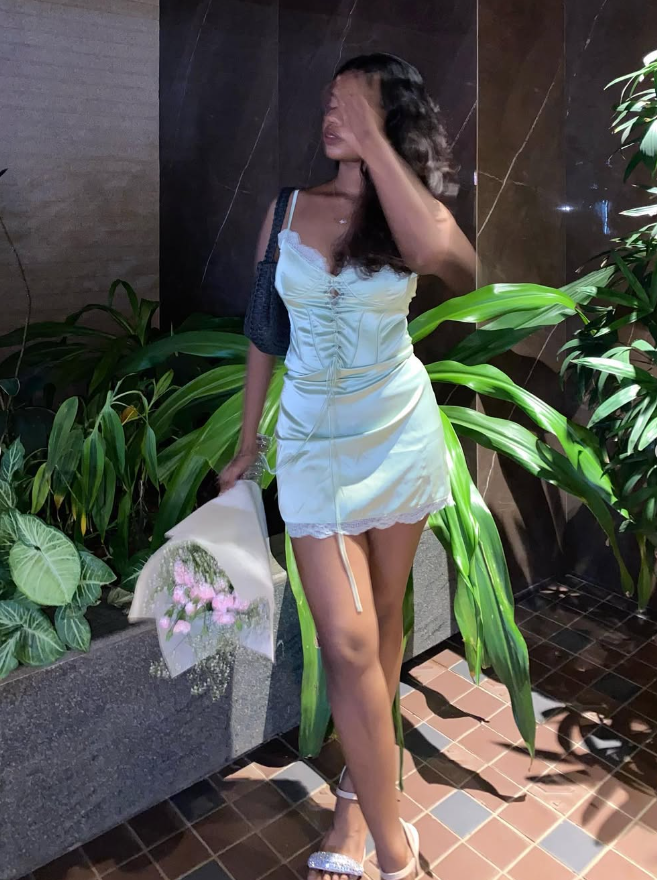 Cute Sheath Spaghetti Strap Lace Light Green Satin Short Homecoming Dress Outfits SH2244