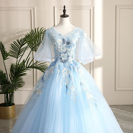 Light Blue Ball Gown V-neckline Puffy Sleeves Party Dress, Light Blue Sweetheart 16 Dress TP1141