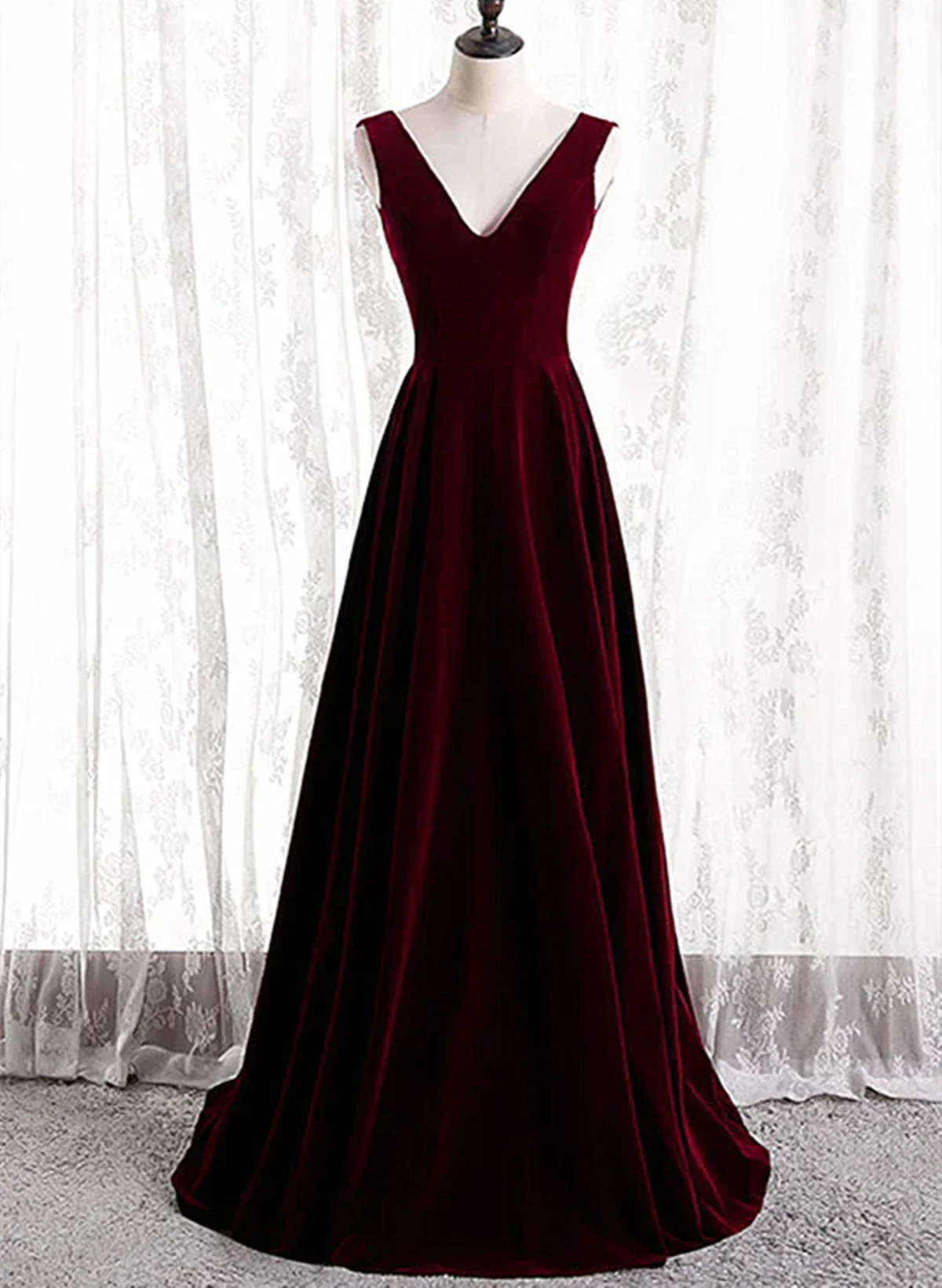 Burgundy Velvet V-neckline Simple Long Party Dress, Burgundy Bridesmaid Dress TP1165