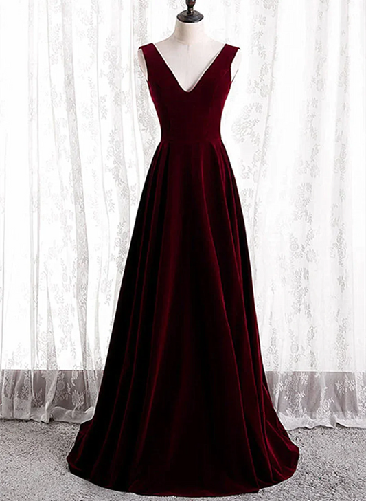 Burgundy Velvet V-neckline Simple Long Party Dress, Burgundy Bridesmaid Dress TP1165