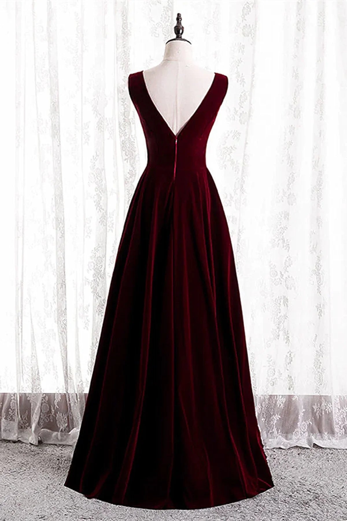 Burgundy Velvet V-neckline Simple Long Party Dress, Burgundy Bridesmaid Dress TP1165