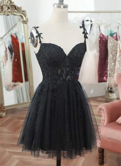Black V Neck Beaded Tulle and Lace Prom Dress, Cute Black Homecoming Dress TP1202