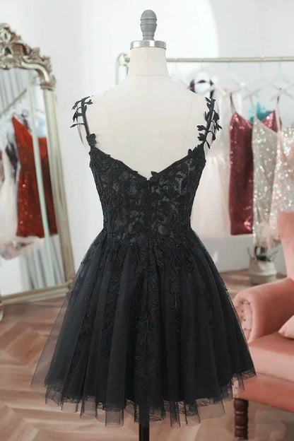 Black V Neck Beaded Tulle and Lace Prom Dress, Cute Black Homecoming Dress TP1202