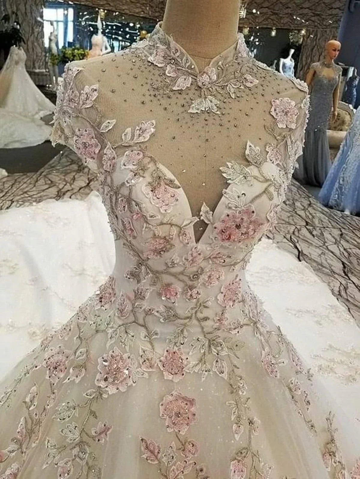 Ivory Tulle High Neckline Tulle With 3D Flower Lace Wedding Dress, Ivory Sweet 16 Dress TP1211