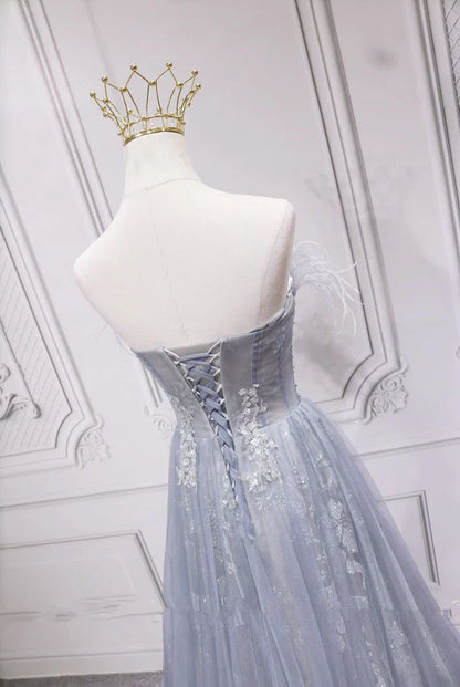 Sliver Grey Tulle with Lace Long Party Dress, Light Grey Bridesmaid Dress TP1263