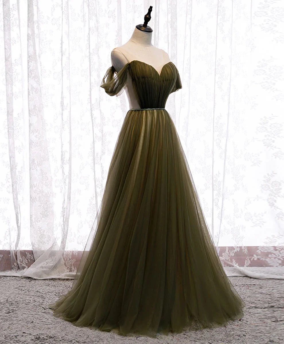 Dark Green Off Shoulder Lace-up Formal Dress, Green Long Bridesmaid Dress TP1271