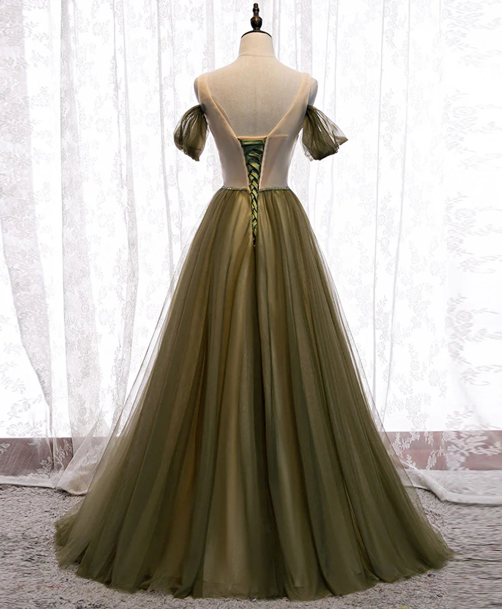 Dark Green Off Shoulder Lace-up Formal Dress, Green Long Bridesmaid Dress TP1271