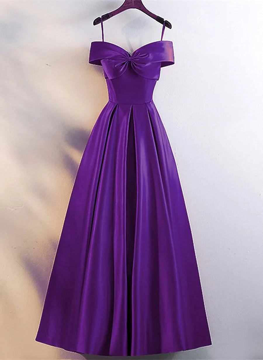 A-line Purple Satin Sweetheart Floor Length Prom Dress, Purple Bridesmaid Dress TP1279