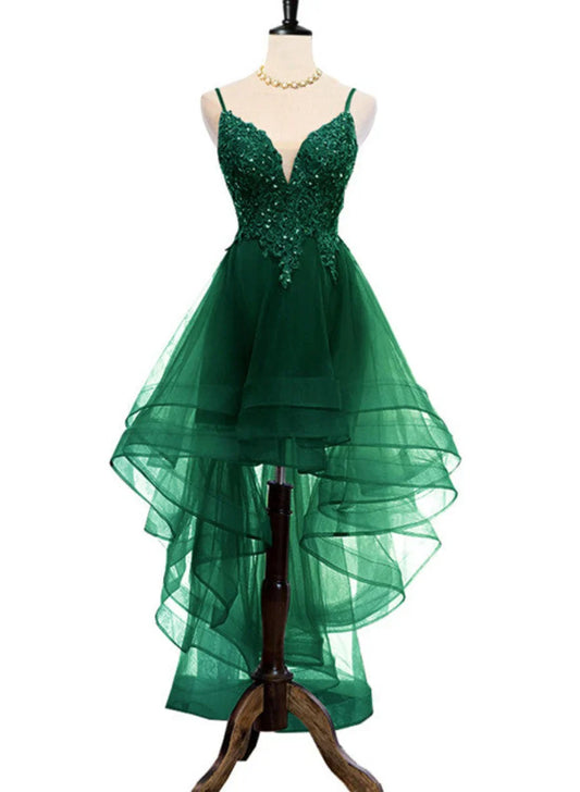 Dark Green V-neckline High Low Prom Dress with Lace and Beadings, Green Homecoming Dress TP1289