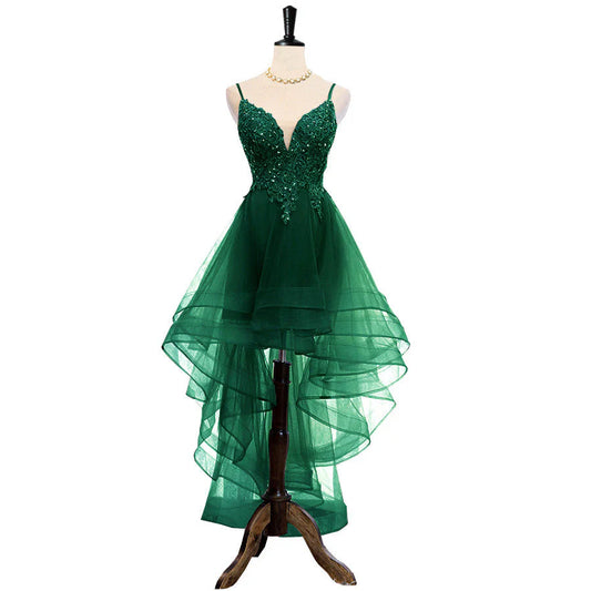 Dark Green V-neckline High Low Prom Dress with Lace and Beadings, Green Homecoming Dress TP1289