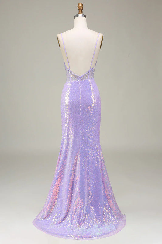 Sparkly Mermaid LighT Purple Corset Prom Dress with Slit TP1380
