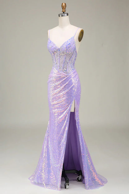 Sparkly Mermaid LighT Purple Corset Prom Dress with Slit TP1380