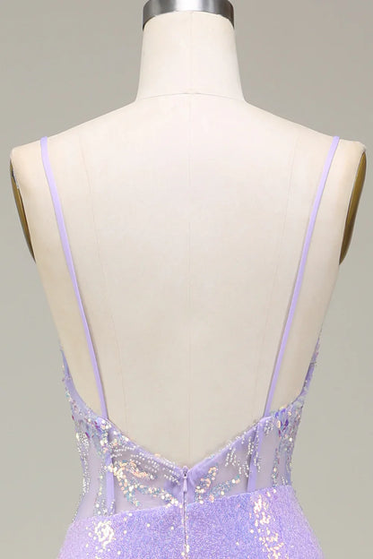 Sparkly Mermaid LighT Purple Corset Prom Dress with Slit TP1380