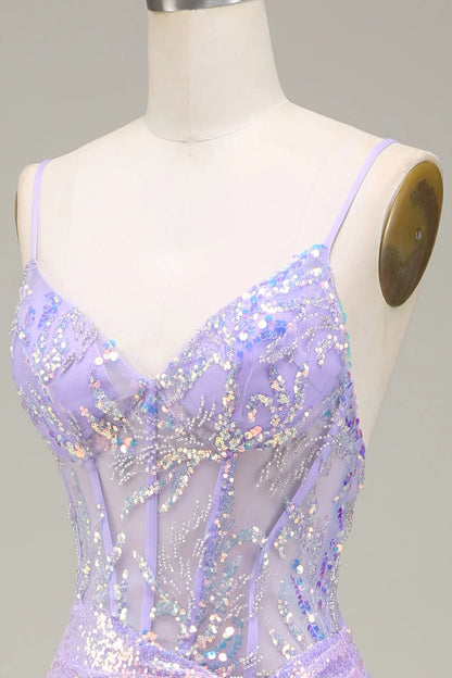 Sparkly Mermaid LighT Purple Corset Prom Dress with Slit TP1380