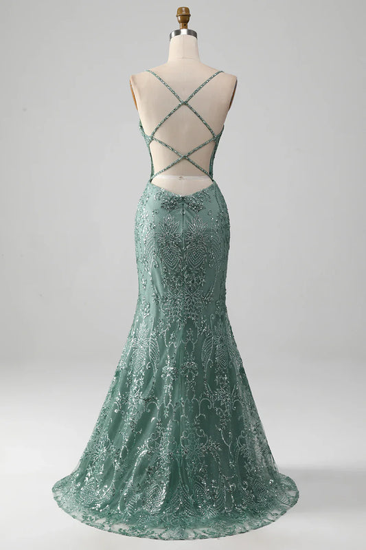 Spaghetti Staps Sparkly Grey Green Prom Dress with Beading TP1381