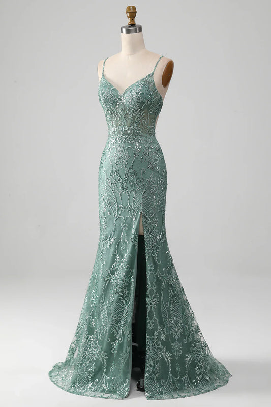 Spaghetti Staps Sparkly Grey Green Prom Dress with Beading TP1381