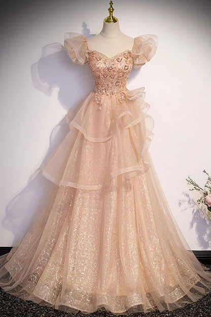 Sparkly A-Line Tulle Beading Long Prom Dress, New Style Shiny Evening Gown TP1547