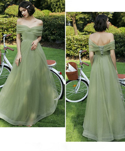 Simple green A-line tulle long prom dress, green formal bridesmaid dresses TP1778