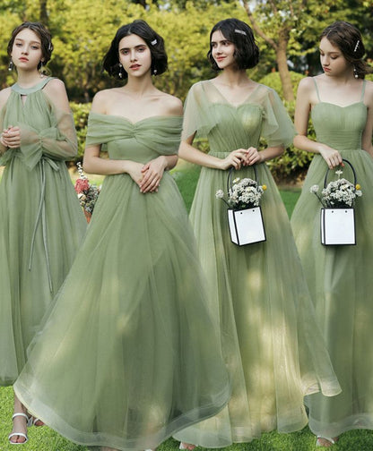Simple green A-line tulle long prom dress, green formal bridesmaid dresses TP1778