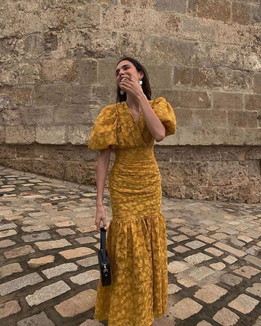 Special Yellow V-neck Lace Short Sleeve Mermaid Evening Dress Prom Dress TP1782