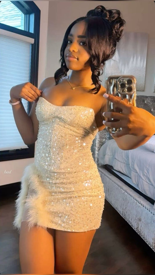 Sparkling White Off-The-Shoulder Strapless Sequined Short Homecoming Dress TP2065